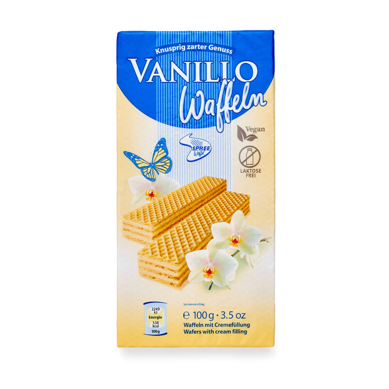 Produktfotografie für SpreeWaffel Vanillo auf weißem Hintergrund, Produktfotografie, Packshot