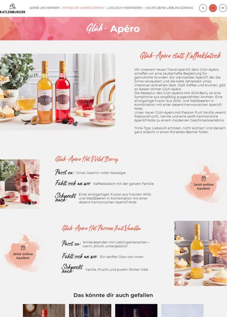Produktfotografie für Website der Katlenburger Kellerei (Screenshot)